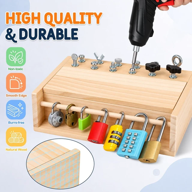 Alt view image 5 of 7 - Montessori Screwdriver Board Set, Lock and Key Toy, Toddler Tools 3-5 | Drill Toy, Montessori Toys for 4 Year Old Kids with 12 Screws, 7 Locks, Toy Keys, Screwdriver for Fine Motor Learning
