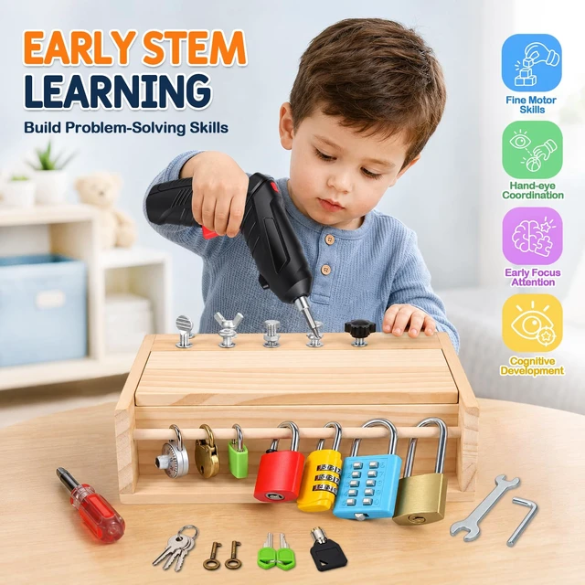 Alt view image 4 of 7 - Montessori Screwdriver Board Set, Lock and Key Toy, Toddler Tools 3-5 | Drill Toy, Montessori Toys for 4 Year Old Kids with 12 Screws, 7 Locks, Toy Keys, Screwdriver for Fine Motor Learning