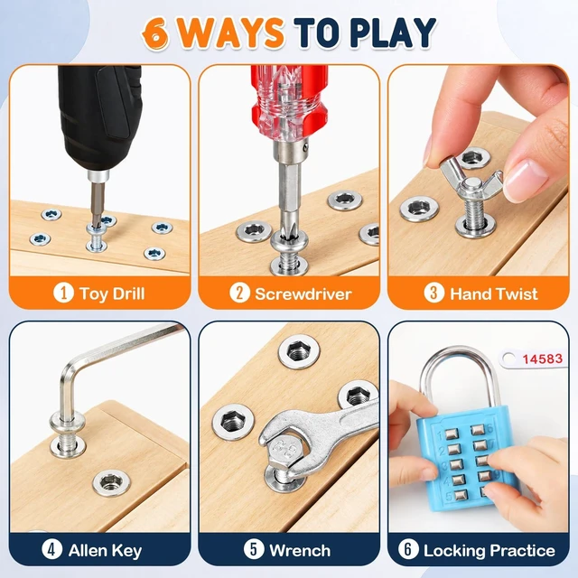 Alt view image 7 of 7 - Montessori Screwdriver Board Set, Lock and Key Toy, Toddler Tools 3-5 | Drill Toy, Montessori Toys for 4 Year Old Kids with 12 Screws, 7 Locks, Toy Keys, Screwdriver for Fine Motor Learning