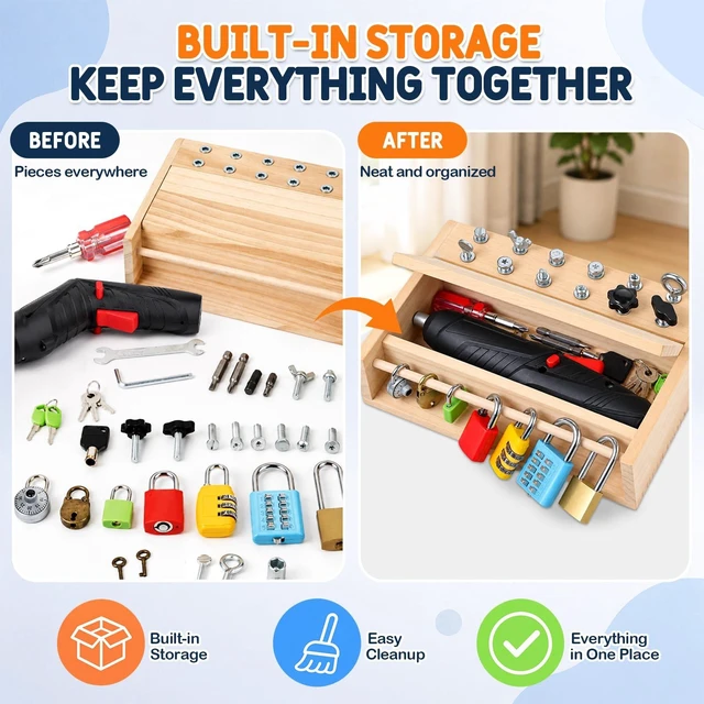 Alt view image 6 of 7 - Montessori Screwdriver Board Set, Lock and Key Toy, Toddler Tools 3-5 | Drill Toy, Montessori Toys for 4 Year Old Kids with 12 Screws, 7 Locks, Toy Keys, Screwdriver for Fine Motor Learning
