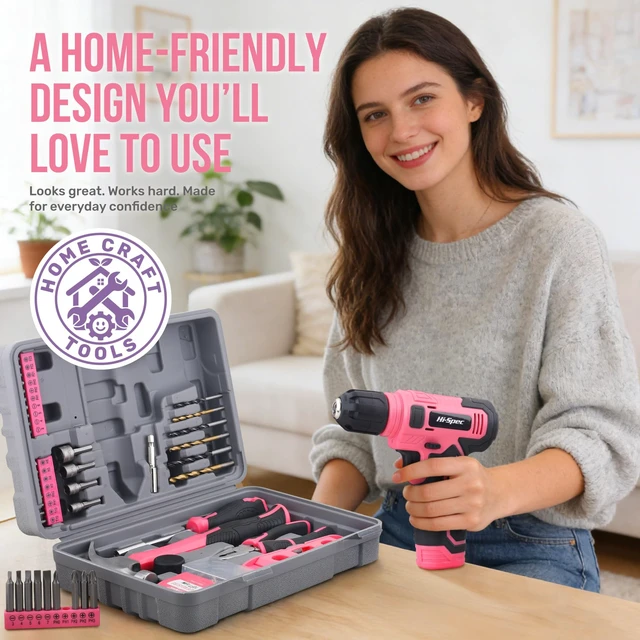Alt view image 7 of 7 - 8V Cordless Drill Set & Starter Tool Kit for Women, Pink | Ladies, USB Drill Driver, Essential Hand Tools, Compact, Tidy Home Projects, Screwdriving, Repairs, Light-Duty