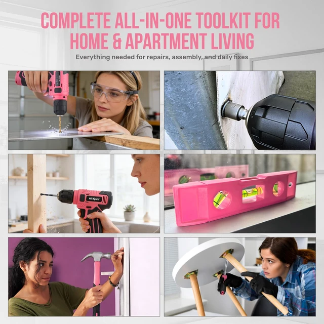 Alt view image 6 of 7 - 8V Cordless Drill Set & Starter Tool Kit for Women, Pink | Ladies, USB Drill Driver, Essential Hand Tools, Compact, Tidy Home Projects, Screwdriving, Repairs, Light-Duty