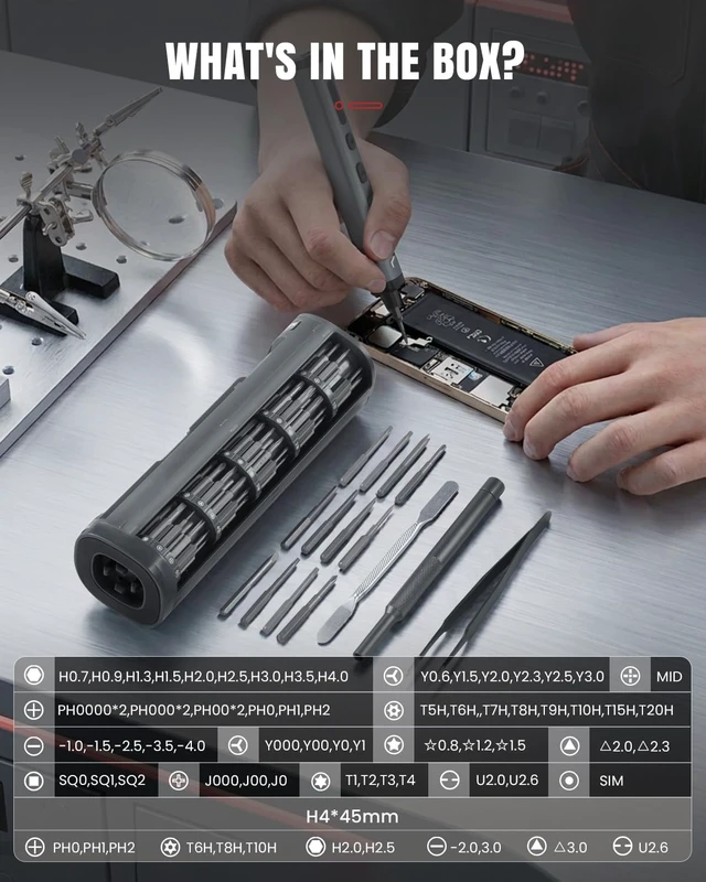 Alt view image 3 of 7 - 78-in-1 Precision Electric Screwdriver Set for Electronics Repair | 72 Magnetic Bits, Max.0.5N.m, Mini cordless repair kit with 5 torque, rotatable storage rack, LED light, and Type-C charging