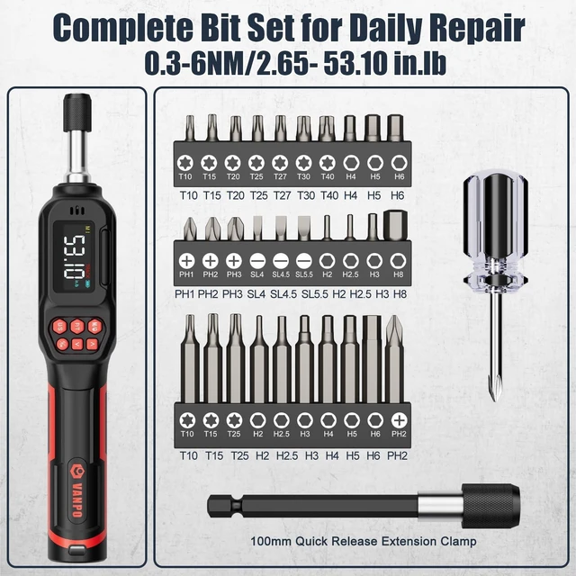 Alt view image 5 of 7 - Torque Screwdriver 1/4" Digital for Gunsmithing, 2.65-53.10 in.lb | ±2% Accuracy, 0.3-6Nm, Electronic Digital Torque Wrench Screwdriver Set with 31Bits,LCD Display & Audible Buzzer for Bike