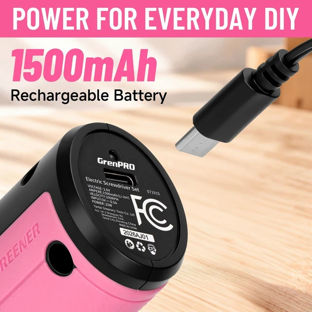 Alt view image 2 of 7 - 3.6V Cordless Electric Screwdriver Set, 34-Piece, Pink | LED Work Light, USB-C Rechargeable, 5Nm, 200 RPM, Drill Bits & Accessories, Power Tool for Home Repairs & Furniture Assembly