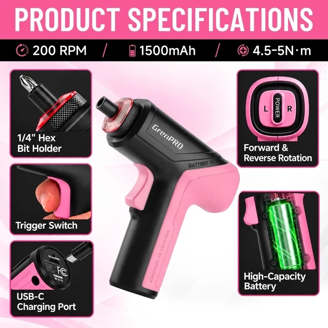 Alt view image 3 of 7 - 3.6V Cordless Electric Screwdriver Set, 34-Piece, Pink | LED Work Light, USB-C Rechargeable, 5Nm, 200 RPM, Drill Bits & Accessories, Power Tool for Home Repairs & Furniture Assembly