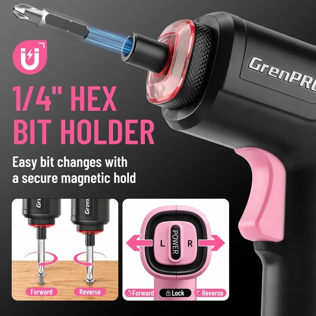 Alt view image 4 of 7 - 3.6V Cordless Electric Screwdriver Set, 34-Piece, Pink | LED Work Light, USB-C Rechargeable, 5Nm, 200 RPM, Drill Bits & Accessories, Power Tool for Home Repairs & Furniture Assembly