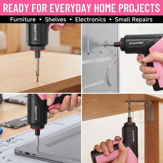 Alt view image 5 of 7 - 3.6V Cordless Electric Screwdriver Set, 34-Piece, Pink | LED Work Light, USB-C Rechargeable, 5Nm, 200 RPM, Drill Bits & Accessories, Power Tool for Home Repairs & Furniture Assembly