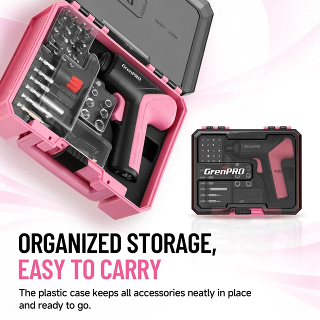 Alt view image 6 of 7 - 3.6V Cordless Electric Screwdriver Set, 34-Piece, Pink | LED Work Light, USB-C Rechargeable, 5Nm, 200 RPM, Drill Bits & Accessories, Power Tool for Home Repairs & Furniture Assembly