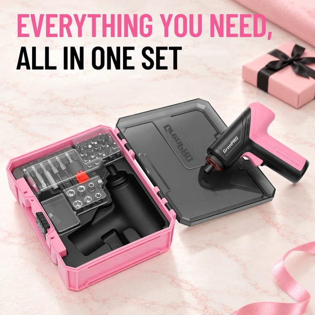 Alt view image 7 of 7 - 3.6V Cordless Electric Screwdriver Set, 34-Piece, Pink | LED Work Light, USB-C Rechargeable, 5Nm, 200 RPM, Drill Bits & Accessories, Power Tool for Home Repairs & Furniture Assembly