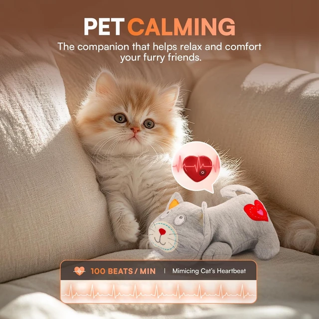 Alt view image 2 of 7 - Heartbeat Cat Plush Toy Calming Kitten Companion with Realistic Heartbeat, Anxiety Relief for Indoor Cats Dogs Pets