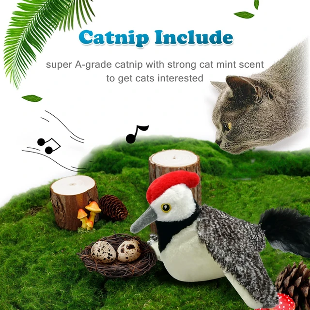 Alt view image 6 of 6 - Cat Toys, Flapping Wings Cute Woodpecker, No Flying, Chirping Bird Interactive Catnip Toy for Kitten or Small Dogs, Touch Activated, Rechargeable