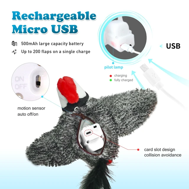 Alt view image 3 of 6 - Cat Toys, Flapping Wings Cute Woodpecker, No Flying, Chirping Bird Interactive Catnip Toy for Kitten or Small Dogs, Touch Activated, Rechargeable