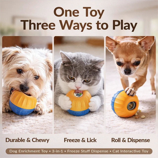 Alt view image 2 of 7 - 3-in-1 Frozen Treat Toy & Dispenser Ball for Small/Tiny Dogs & Cats | Two prep-ahead cups skip messy unmolding, swap fast and keep pets focused through grooming, nail trims, crate time and meals.