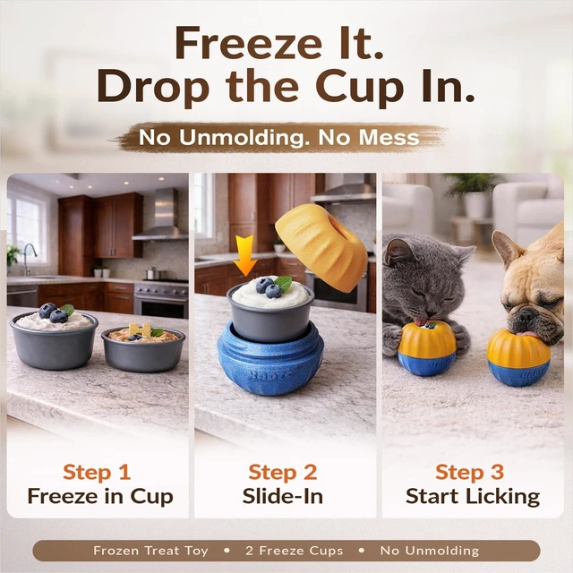 Alt view image 3 of 7 - 3-in-1 Frozen Treat Toy & Dispenser Ball for Small/Tiny Dogs & Cats | Two prep-ahead cups skip messy unmolding, swap fast and keep pets focused through grooming, nail trims, crate time and meals.