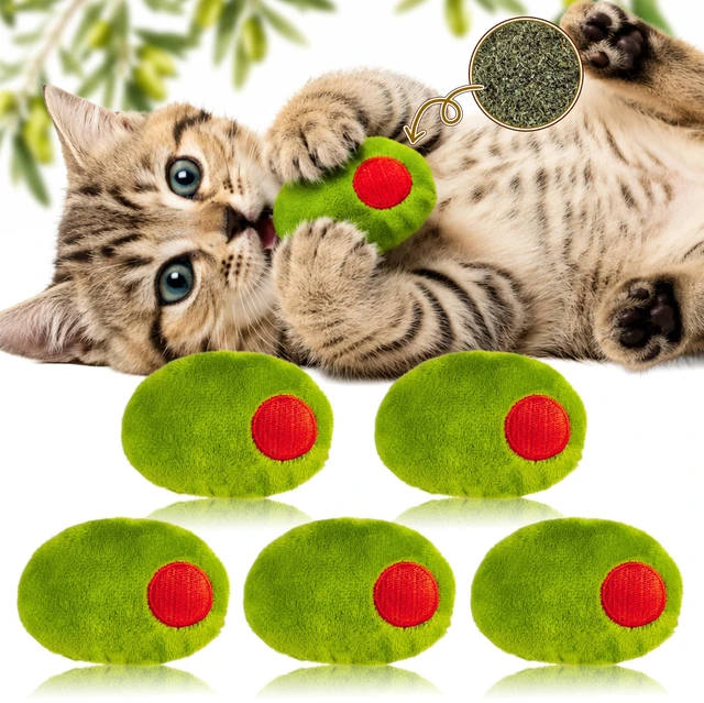 Main image of 5Pcs Olive Catnip Crinkle Paper Sound Toys for Cat, Catmint Cat Toy Gift | Soft Cotton, Durable for Chew Kick, Catnip Filled Plush Green Olive Interactive Toy for Indoor Kittens Boredom Exercise Play