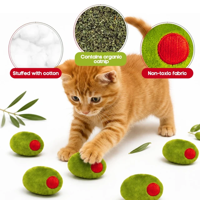 Alt view image 4 of 6 - 5Pcs Olive Catnip Crinkle Paper Sound Toys for Cat, Catmint Cat Toy Gift | Soft Cotton, Durable for Chew Kick, Catnip Filled Plush Green Olive Interactive Toy for Indoor Kittens Boredom Exercise Play