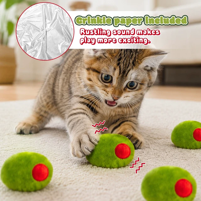 Alt view image 3 of 6 - 5Pcs Olive Catnip Crinkle Paper Sound Toys for Cat, Catmint Cat Toy Gift | Soft Cotton, Durable for Chew Kick, Catnip Filled Plush Green Olive Interactive Toy for Indoor Kittens Boredom Exercise Play