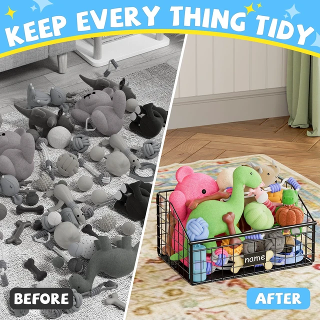 Alt view image 5 of 7 - Indestructible Dog Toy basket, Small Toy Box for Dogs, Pet Toy Bin Dog Metal Basket for Toys, Toy Storage Organizer, Cat Toy Box for Living Room Area(Black)