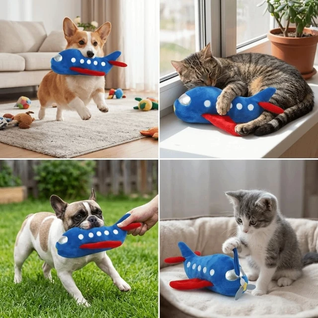 Alt view image 5 of 7 - Pet Chewing Plush Plane Toy 9.45 Inch Squeaky, Bite-Tough Dog & Cat Toy for Stress Relief,Interactive Play with Teeth Cleaning Texture