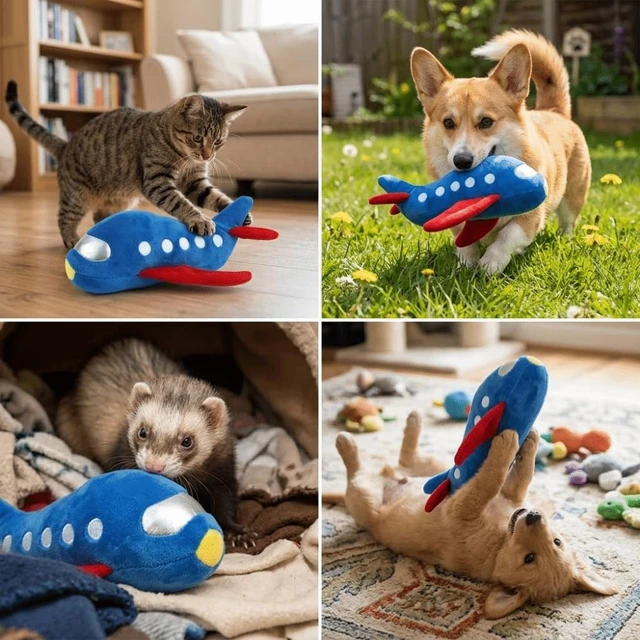 Alt view image 6 of 7 - Pet Chewing Plush Plane Toy 9.45 Inch Squeaky, Bite-Tough Dog & Cat Toy for Stress Relief,Interactive Play with Teeth Cleaning Texture
