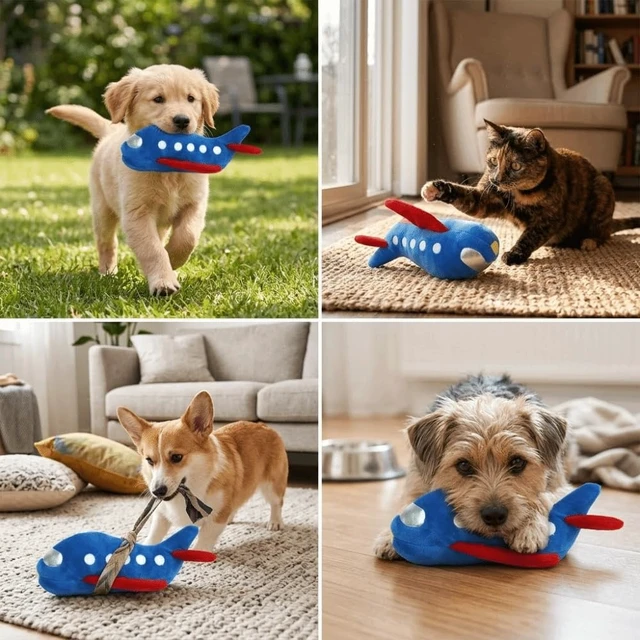 Alt view image 7 of 7 - Pet Chewing Plush Plane Toy 9.45 Inch Squeaky, Bite-Tough Dog & Cat Toy for Stress Relief,Interactive Play with Teeth Cleaning Texture