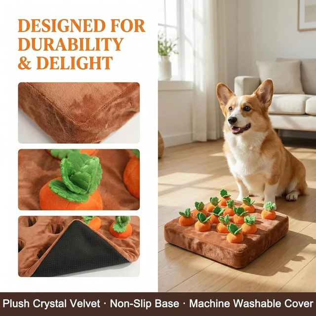 Alt view image 7 of 7 - Carrot Dog Toy, Snuffle Mat for Dogs, Dog Puzzle Toy, 2 in 1 Non-Slip Nosework Feed Games, Pet Stress Relief with 12 Carrots