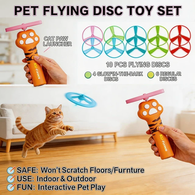 Alt view image 6 of 7 - Cat Fetch Toy Launcher,Interactive Cat Toy Rechargeable with 10 Flying Disc | Cat Toys for Indoor Cats,Flying Cat Toy Disc Launcher for Kitten Dog Playing,Hunting Tracking Toys for Outdoor Indoor