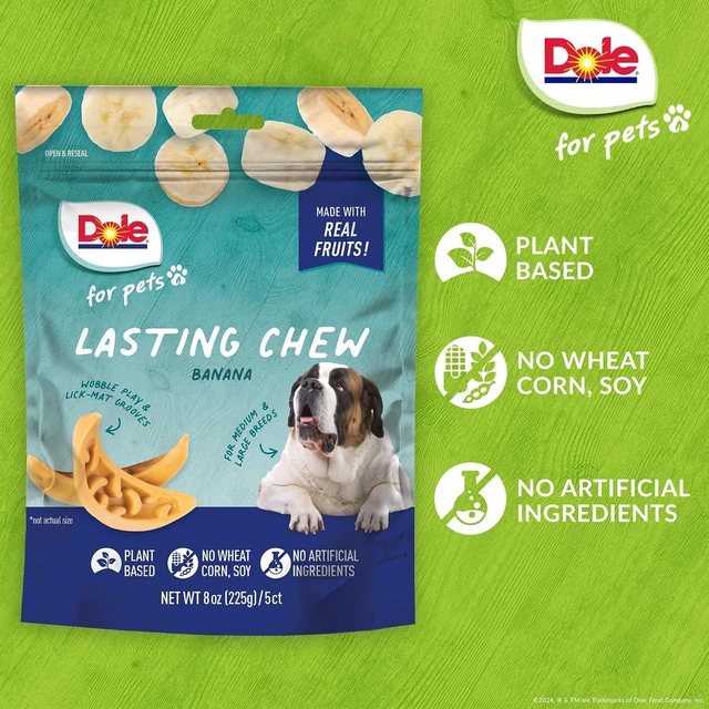 Alt view image 4 of 7 - Lasting Dog Chew, Banana Flavor, Plant Based, 8 oz Bags, 6 Pack | Real fruit chew for medium and large breeds; wobble play and lick-mat grooves; no wheat, corn, soy or artificial ingredients