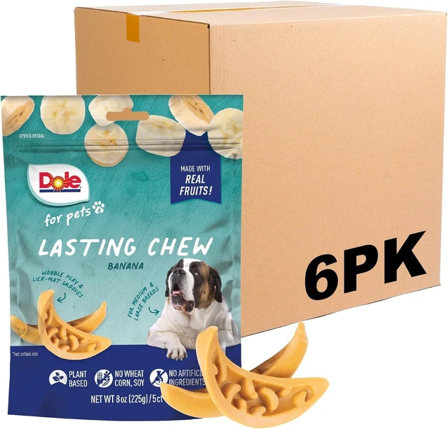 Main image of Lasting Dog Chew, Banana Flavor, Plant Based, 8 oz Bags, 6 Pack | Real fruit chew for medium and large breeds; wobble play and lick-mat grooves; no wheat, corn, soy or artificial ingredients
