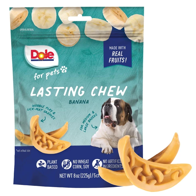 Alt view image 5 of 7 - Lasting Dog Chew, Banana Flavor, Plant Based, 8 oz Bags, 6 Pack | Real fruit chew for medium and large breeds; wobble play and lick-mat grooves; no wheat, corn, soy or artificial ingredients