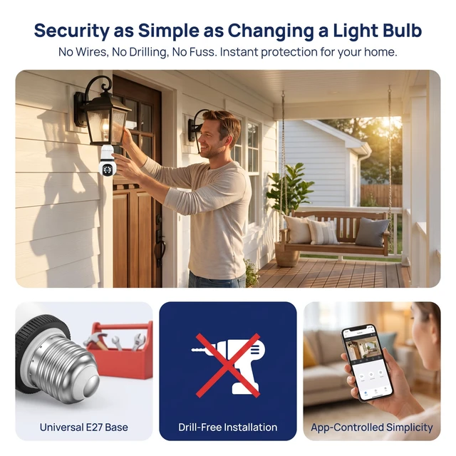 Alt view image 2 of 6 - E27 Light Bulb Security Camera,HD Wireless WiFi Home Camera | 355° Pan/Tilt Surveillance Camera with Auto Motion Tracking, Two-Way Audio, Full-Color Night Vision, Easy Installation