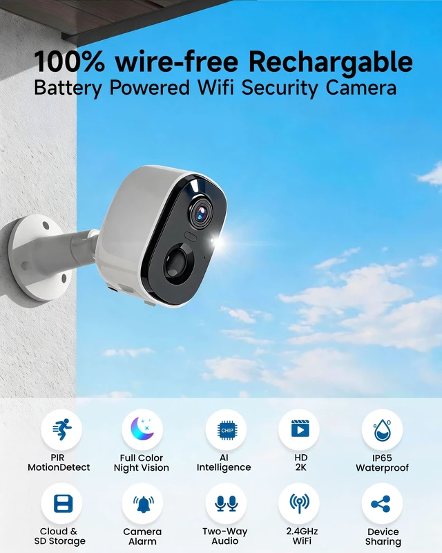 Alt view image 2 of 7 - 2026 Upgraded Security Cameras Wireless Outdoor, True 2K Video/SD/Cloud Storage, Battery Powered, Motion Detection, 2-Way Talk, Spotlight Siren Alarm, IP65 Waterproof