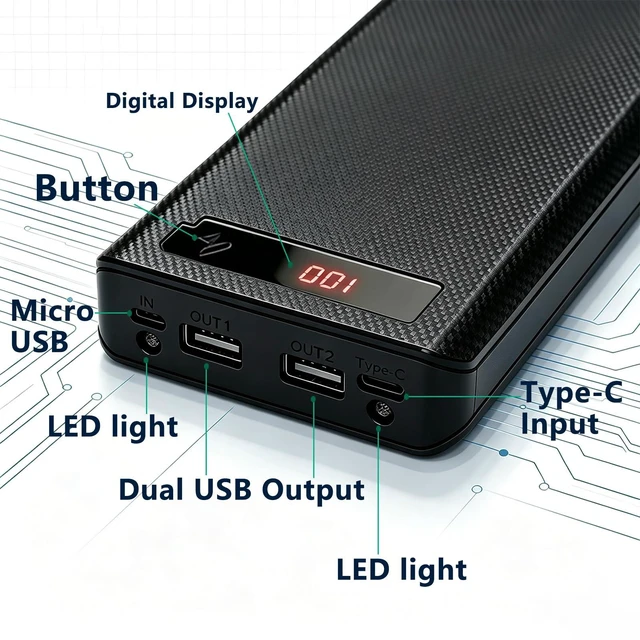 Alt view image 5 of 7 - 5V-2.1A DIY 18650 Power Bank Box Battery Charger Case, Black | Flat Head, 2 USB Output Ports, Plastic Shell with LCD Display, Micro/Phone/Type-c Input Port
