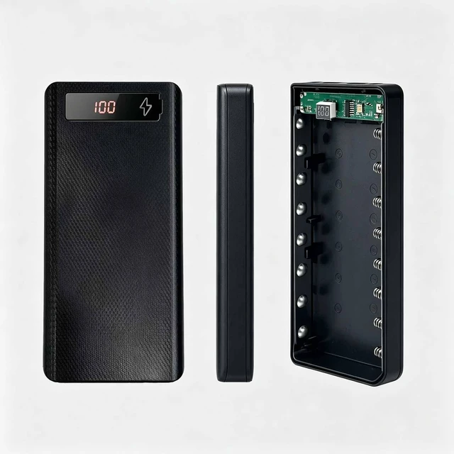 Main image of 5V-2.1A DIY 18650 Power Bank Box Battery Charger Case, Black | Flat Head, 2 USB Output Ports, Plastic Shell with LCD Display, Micro/Phone/Type-c Input Port
