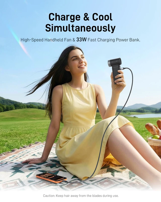 Alt view image 5 of 7 - 2-in-1 Portable Handheld Fan, 30H Max Cooling, 10000mAh Power Bank | 3 Gear Turbo High Speed, 33W Fast Charging with USB-C Port, Compact for Travel, Cruise, Concerts, Trendy Gifts for Women Men