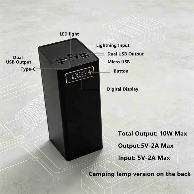 Alt view image 2 of 7 - Portable 40x18650 Battery Storage Box Power Case Box with Quick Charging and MultiProtection Features 4 USB Ports, LED Headlight Function, Multi-Charging Ports, DIY Shell Box (Black)