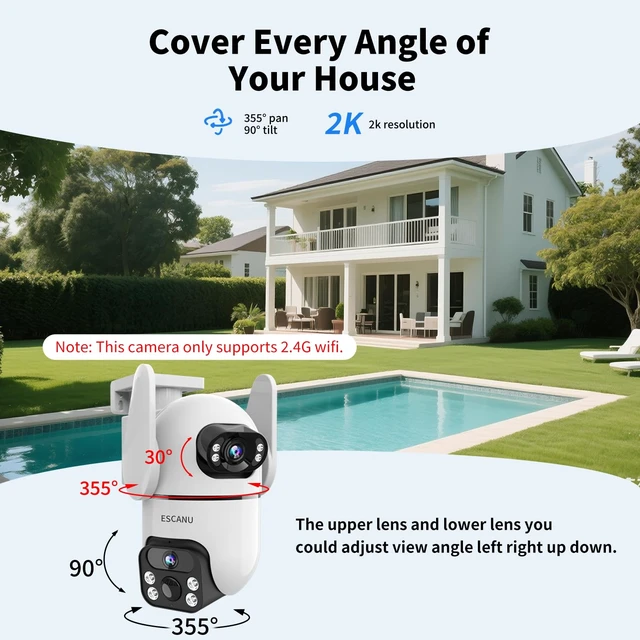 Alt view image 7 of 7 - Dual Lens Security Cameras Wireless Outdoor for Home Security, 2K Ultra HD Resolution, 2.4GHz WiFi, 2-Way Audio, Color Night Vision, Motion Detection, PTZ 360 Coverage, No Monthly Fee, IP65 Waterproof