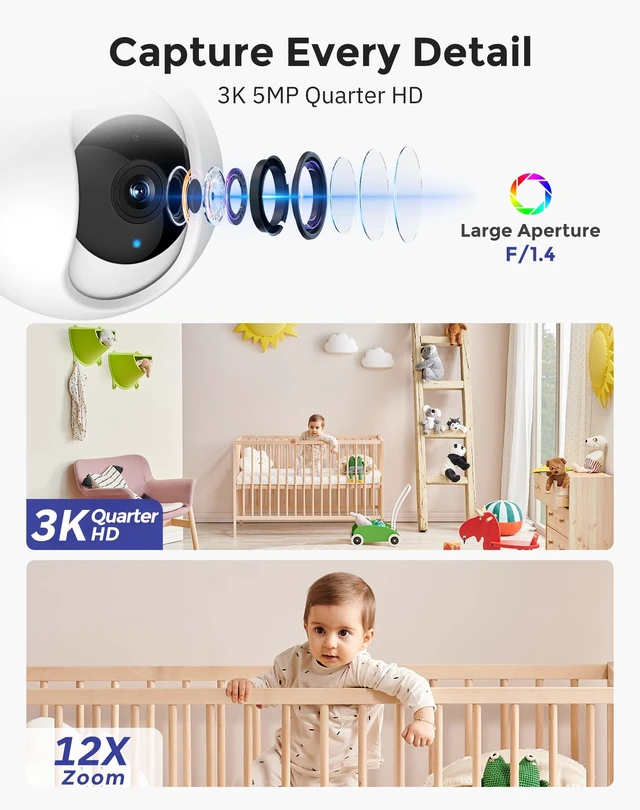 Alt view image 2 of 7 - 3K 5MP Indoor Pan/Tilt Security Camera with Auto-Focus(2pcs),Ideal for Baby Monitor/Pet Camera/Home Security,Starlight Color Night Vision,Human/Pet AI,Noise Reduction,US Cloud,Works with Alexa