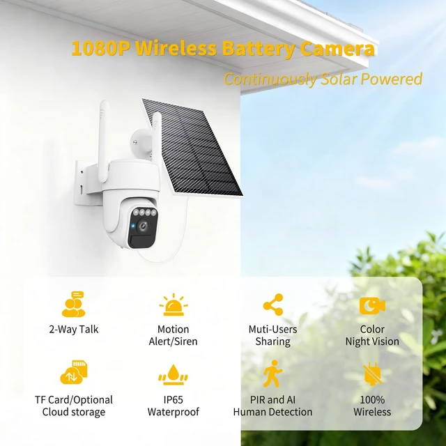 Alt view image 2 of 7 - Solar Camera Outdoor Wireless, 360° Wi-Fi Home Security Cameras | 5200mAh battery with solar panel,IP65 weatherproof,color night vision,motion detection tracking,2.4G Wi-Fi only,pan/tilt