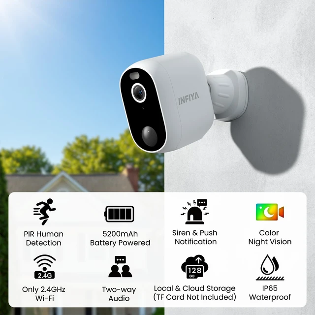 Alt view image 2 of 7 - 2K 3MP Security Cameras Wireless Outdoor, Battery Powered, 1Pack | AI Human Detection, White Light & Siren, Color Night Vision, 2-Way Talk, IP65 Waterproof, SD/Cloud Storage, 2.4Ghz WiFi only