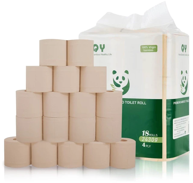 Main image of Bamboo Toilet Paper, 4-Ply, 18 Rolls, 200 Sheets Per Roll, Total 3600 Sheets, Unbleached, Sustainable and Tree Free, Soft, Strong, Earth-Friendly