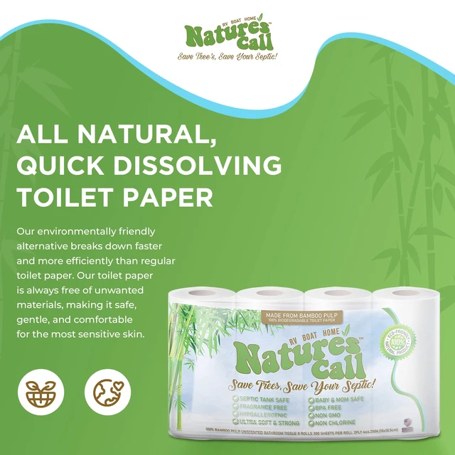 Alt view image 2 of 7 - RVs, Boats & Home 100% Bamboo Toilet Paper by Nature's Call - 2-Ply, Soft, Strong, Tank Safe & Quick Dissolve Camper Toilet Tissue - Marine, Camping & Travel Toilet Paper - Certified (8 Rolls)