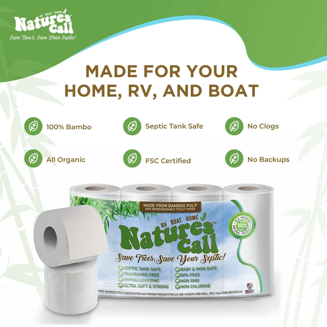 Alt view image 3 of 7 - RVs, Boats & Home 100% Bamboo Toilet Paper by Nature's Call - 2-Ply, Soft, Strong, Tank Safe & Quick Dissolve Camper Toilet Tissue - Marine, Camping & Travel Toilet Paper - Certified (8 Rolls)