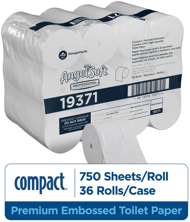 Alt view image 2 of 7 - Angel Soft Professional Series Compact Premium Embossed = 2-Ply High-Capacity Toilet Paper by GP PRO, White, 19371, 750 Sheets Per Roll, 36 Rolls Per Case