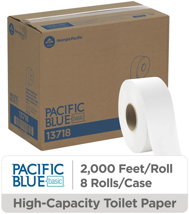Alt view image 2 of 7 - Pacific Blue Basic 1-Ply Jumbo Jr. 9'' Toilet Paper by GP PRO (GEORGIA-PACIFIC), 13718, 2,000 Linear Feet Per Roll, 8 Rolls Per Case