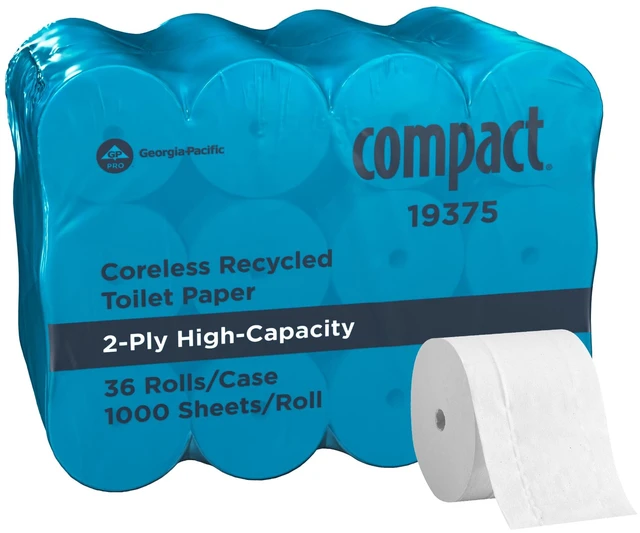 Main image of Compact bPRO Coreless 2-Ply Recycled Toilet Paper, White, 1000 Sheets Per Roll, 36 Toilet Tissue Rolls Per Case, 19375