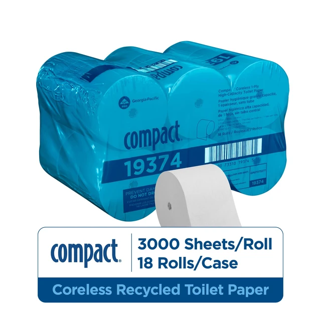 Alt view image 2 of 7 - Compact 1-Ply Recycled Toilet Paper by GP PRO (Georgia-Pacific), 19374, 3,000 Sheets Per Roll, 18 Rolls Per Case
