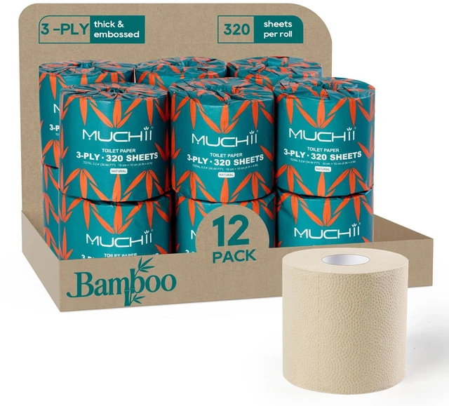 Main image of Bamboo Toilet Paper 3-Ply, Septic Safe Bath Tissue, 12 Rolls, Nature | Soft and Absorbent Tree Free Toilet Paper, Dye-Free Tissue, 320 Sheets Per Roll for Bathroom, Boat, RV, Bathroom Tissue