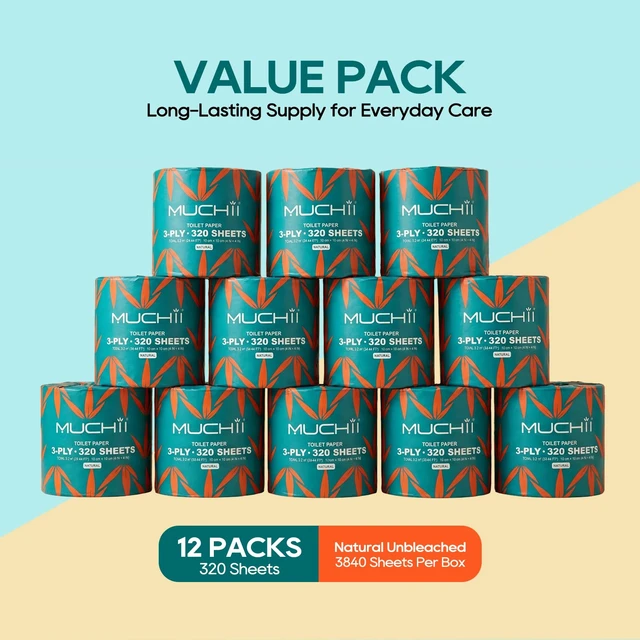 Alt view image 4 of 7 - Bamboo Toilet Paper 3-Ply, Septic Safe Bath Tissue, 12 Rolls, Nature | Soft and Absorbent Tree Free Toilet Paper, Dye-Free Tissue, 320 Sheets Per Roll for Bathroom, Boat, RV, Bathroom Tissue